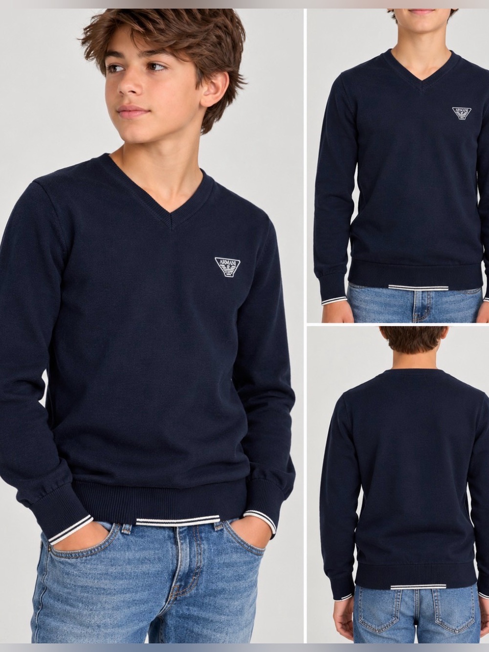 Youth Giorgio Armani Navy V-Neck Sweater with Contrast Trim Size 14